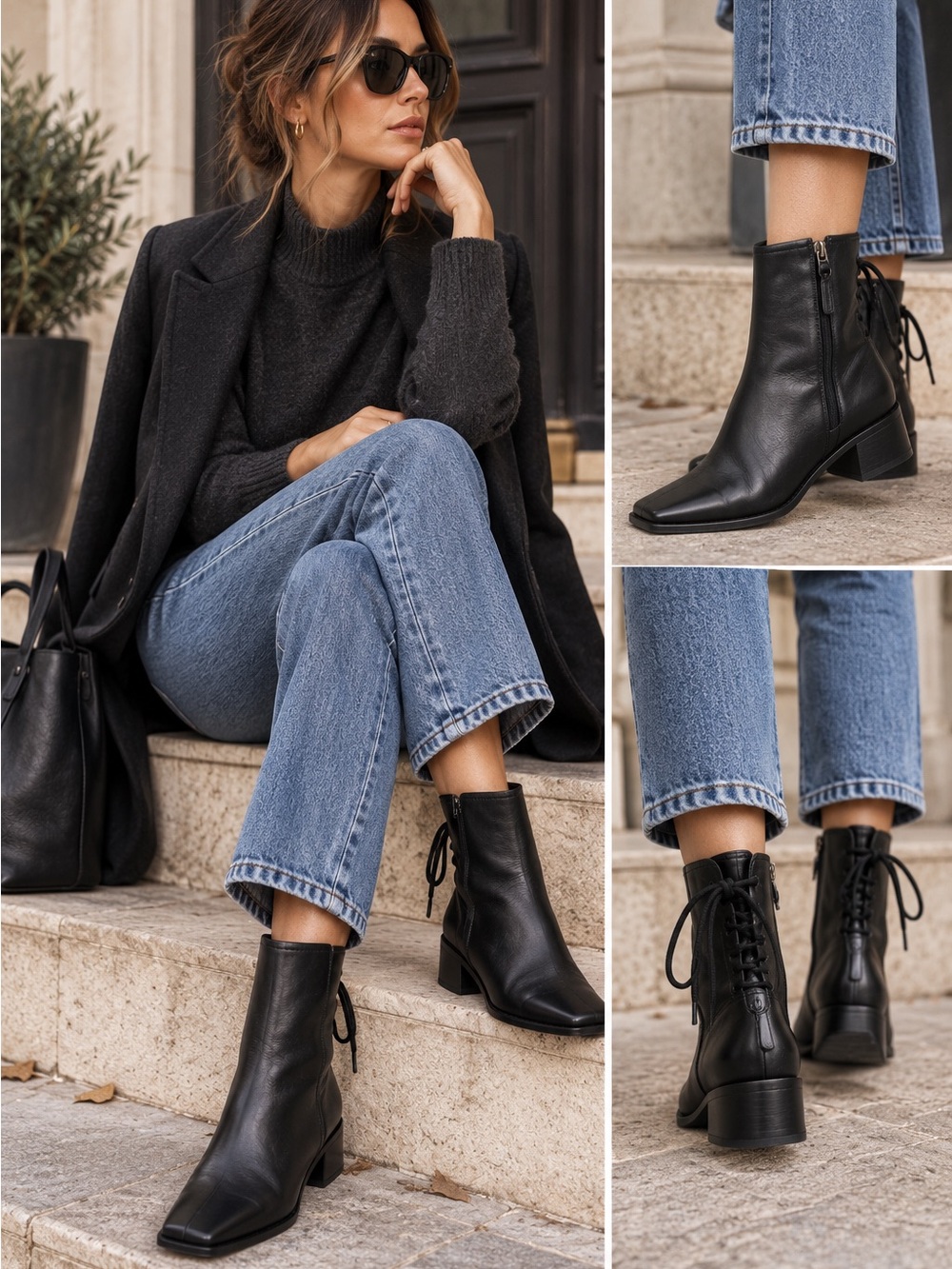 Timeless Sam Edelman Size 5 Black Leather Lace Up Ankle Boots Square Toe Western